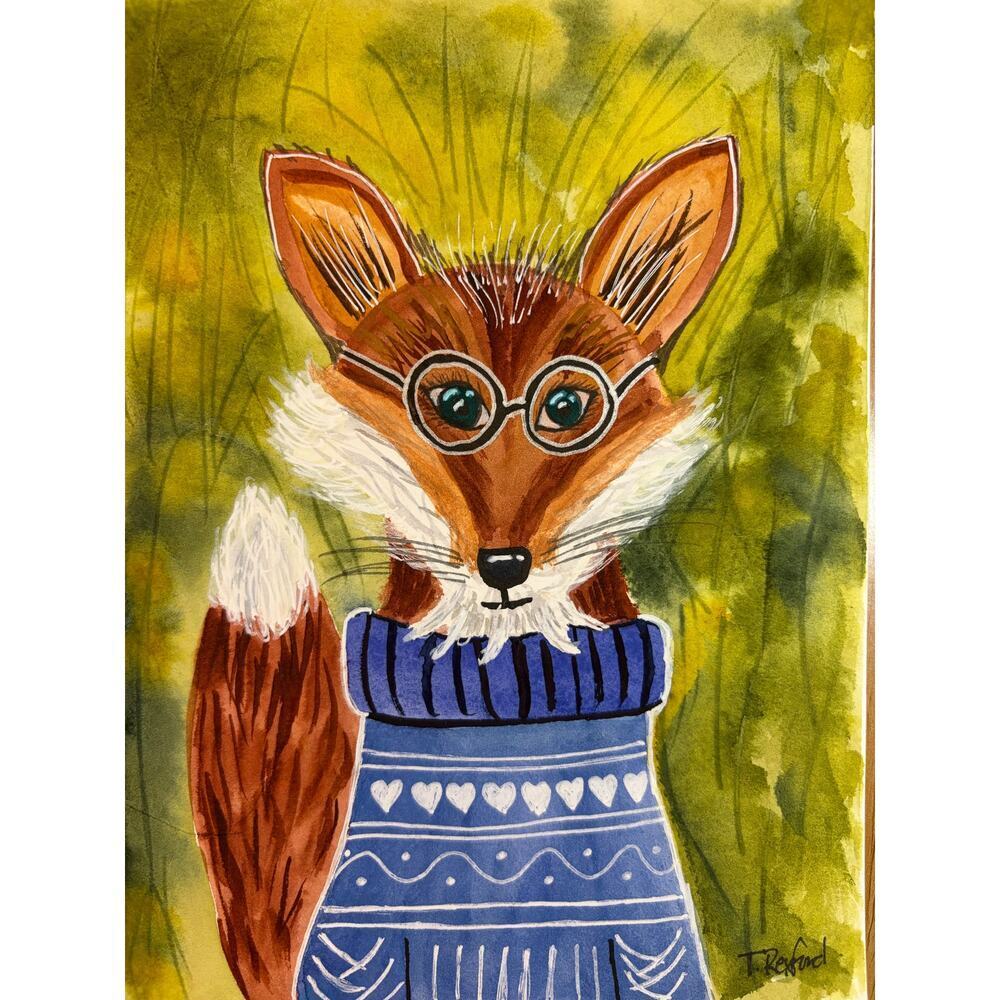 Hand painted watercolor original painting whimsical fox in a sweater